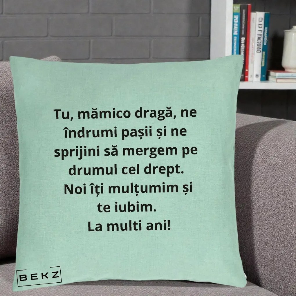 Cadou pentru Mama - Perna Personalizata Mamico Draga Te Iubim La Multi Ani cu Text Negru, 40x40 cm, Verde Menta, Husa Detasabila, Perna Inclusa, BEKZ®