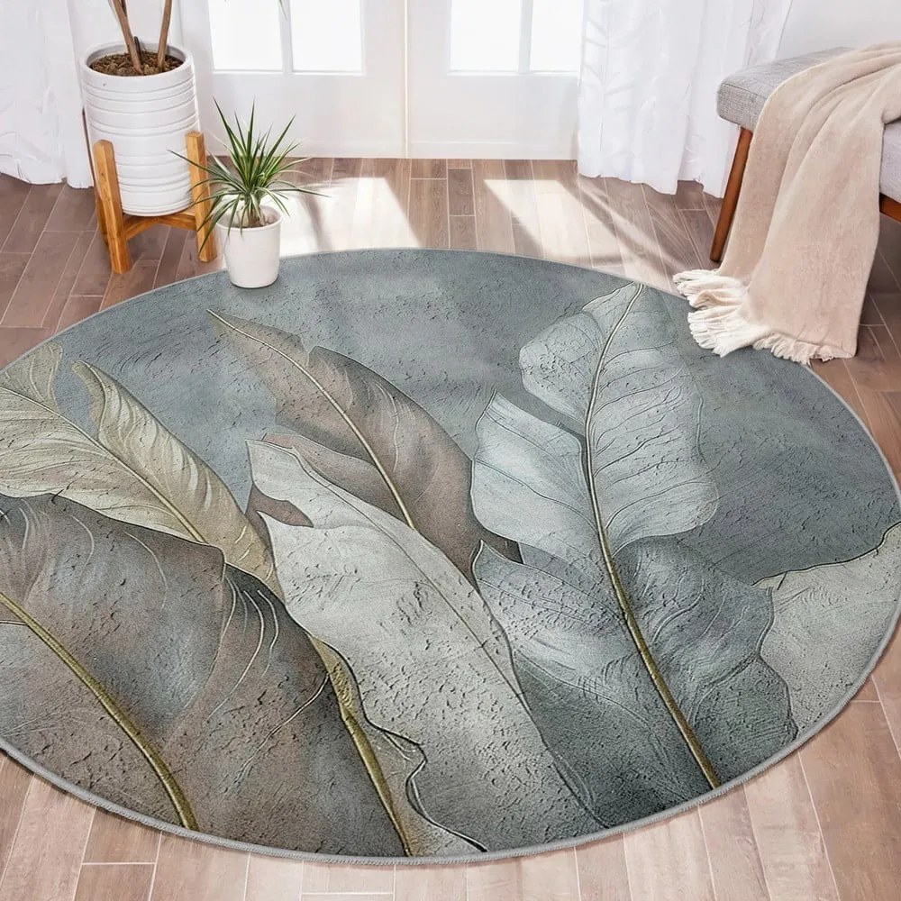 Covor verde/gri lavabil rotund ø 150 cm Dusty Leaves – Mila Home