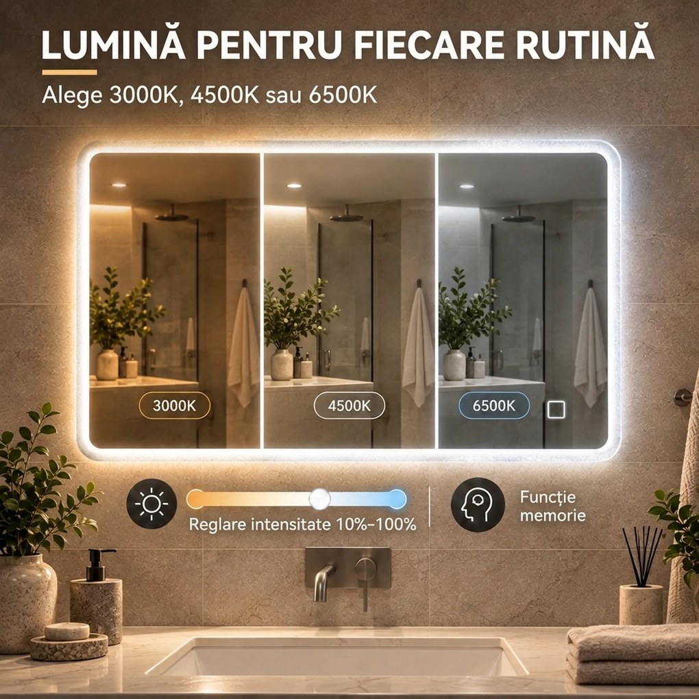 HOMCOM Oglindă de Baie cu LED 70x100 cm, 3 Culori de Lumină, Dimabilă, Antiaburire, Touch, Memorie | Aosom Romania