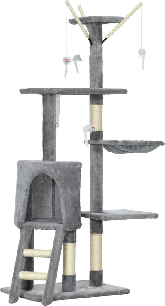 PawHut Turelă pentru pisici cu căsuță, stâlp de ascuțit gheare, platforme și 4 șoricei, din lemn, pluș și sisal, 50x35x134.2 cm, gri | Aosom Romania