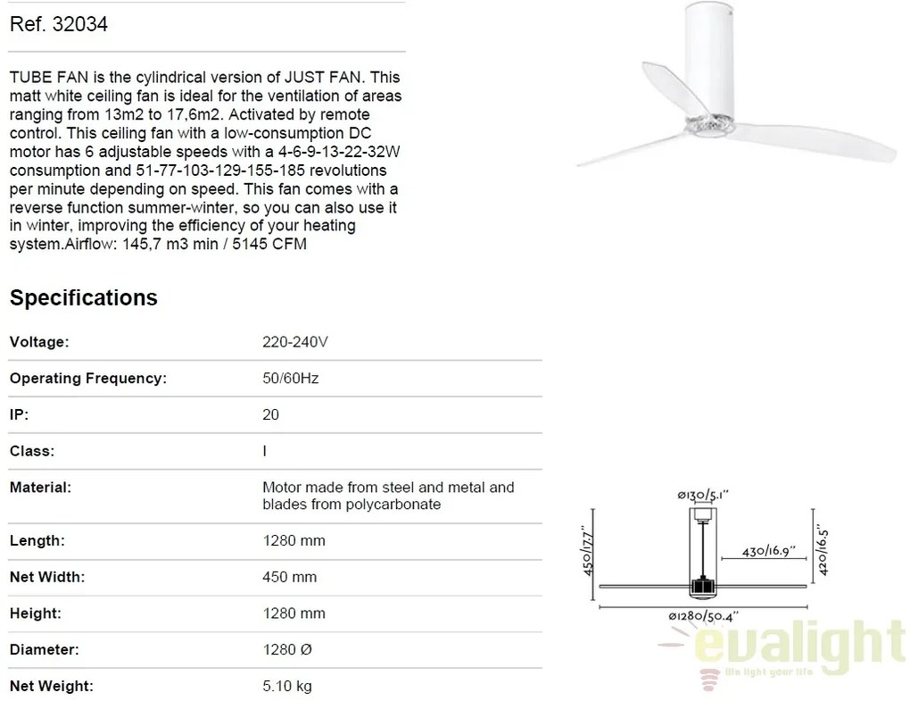 Ventilator cu telecomanda Tube alb mat / transparent 32034