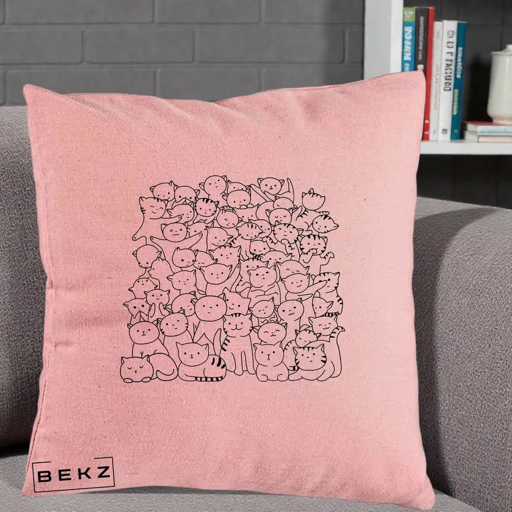 Perna Personalizata Many Cats Pattern Alb-Negru, 40x40 cm, Roz, Husa Detasabila, Perna Inclusa, BEKZ®