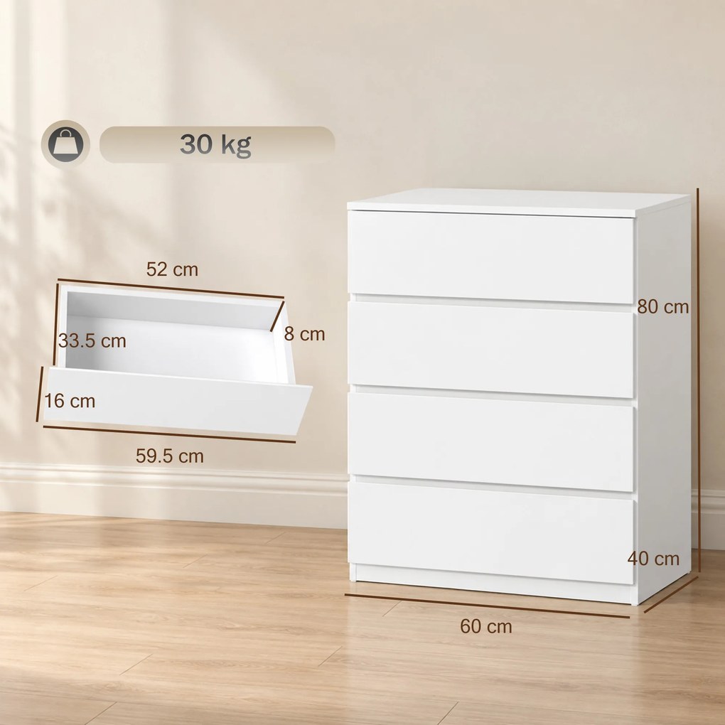 HOMCOM Comodă cu 4 Sertare, Organizator de Depozitare cu Ghidaje Metalice și Mânere cu Caneluri, 60x40x80 cm, Alb | Aosom Romania