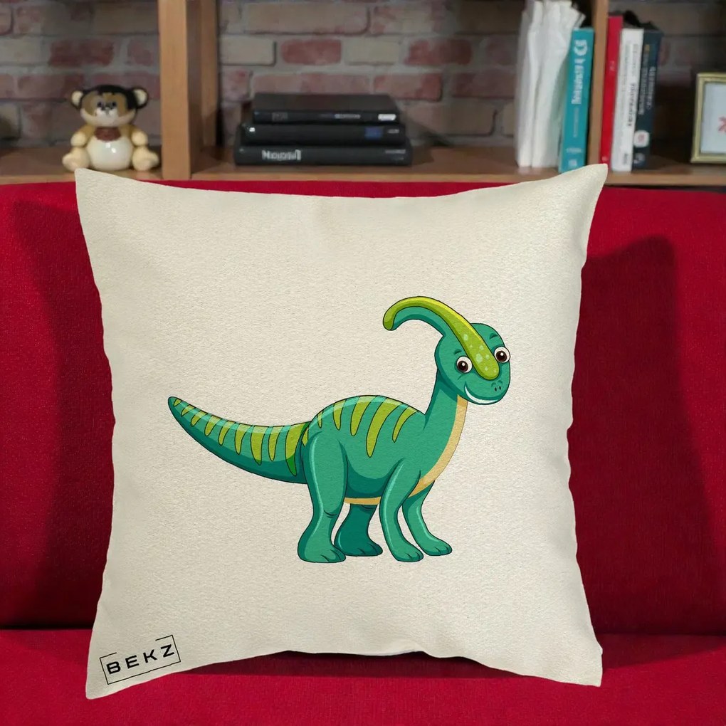 Perna decorativa cu dinozaur Parasaur Verde, 40x40 cm cu Umplutura, Ecru, BEKZ