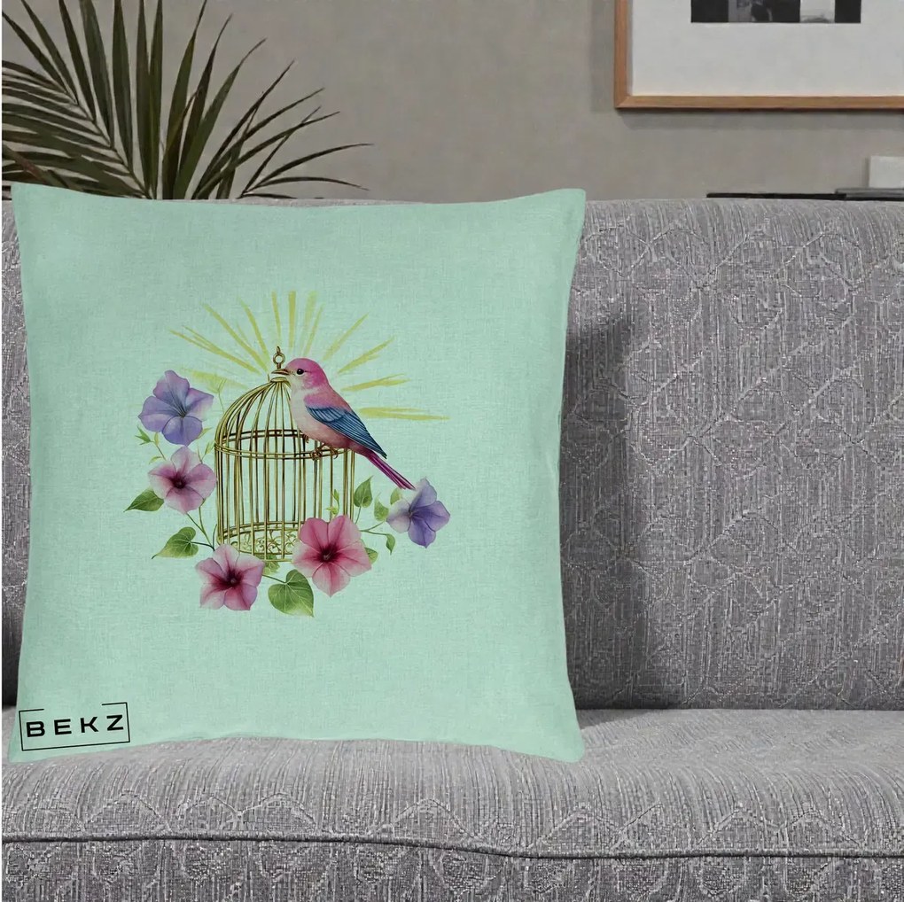 Perna Decorativa Pasare Roz pe Colivie Aurie cu Flori, 40x40 cm, Verde Menta, Husa Detasabila, Perna Inclusa, BEKZ®