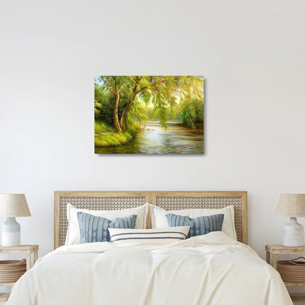 Tablou pe sticlă - Salcie lângă lac, pictură în ulei (70x50 cm)