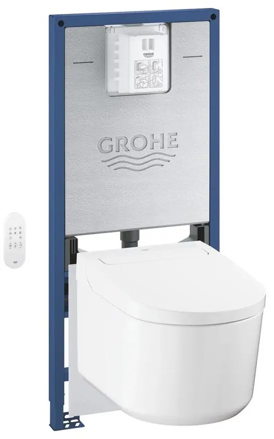 Set vas WC suspendat Grohe Sensia Rimless cu functie bideu electric alb lucios, rezervor Rapid SLX si capac softclose