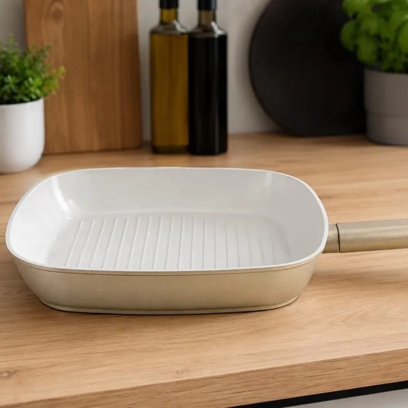 Tigaie grill Swiss Haus SH-SCGP28CH, 28 cm, acoperire ceramică Sapphire, pentru plite cu inducție, culoare șampanie