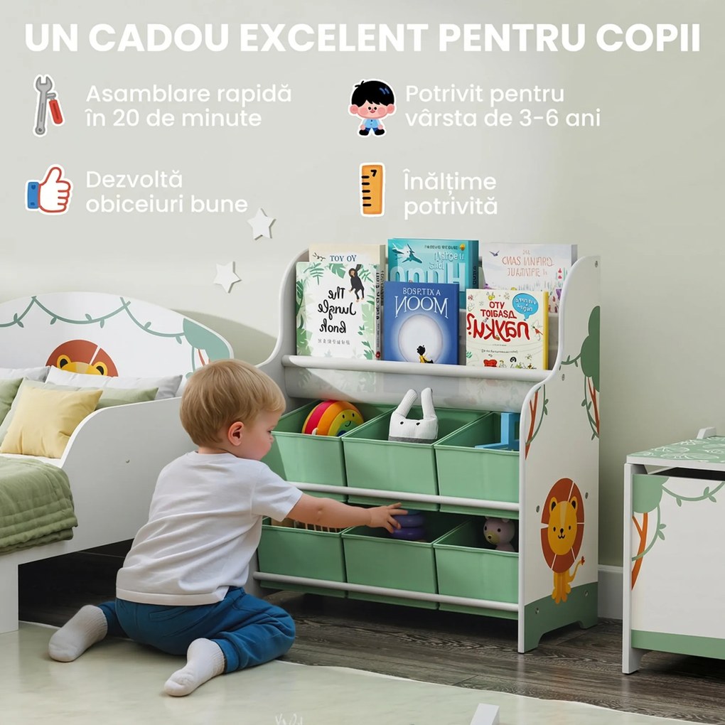 AIYAPLAY Raft Suport pentru Jucării cu 6 Sertare și Bibliotecă cu 2 Niveluri Verde | Aosom Romania