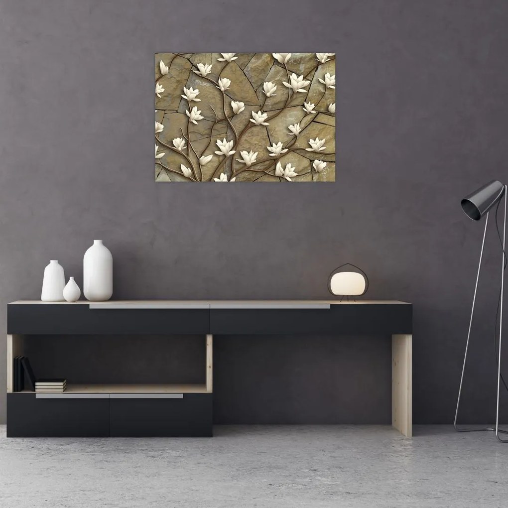 Tablou pe sticlă - Magnolii albe pe zidărie de piatră (70x50 cm)