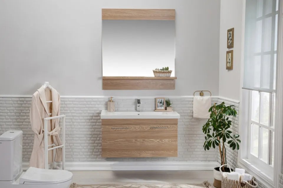Set Mobilier Baie Sequoia 100, Include Baza Lavoar, Lavoar și Oglinda, 100 cm, Natural