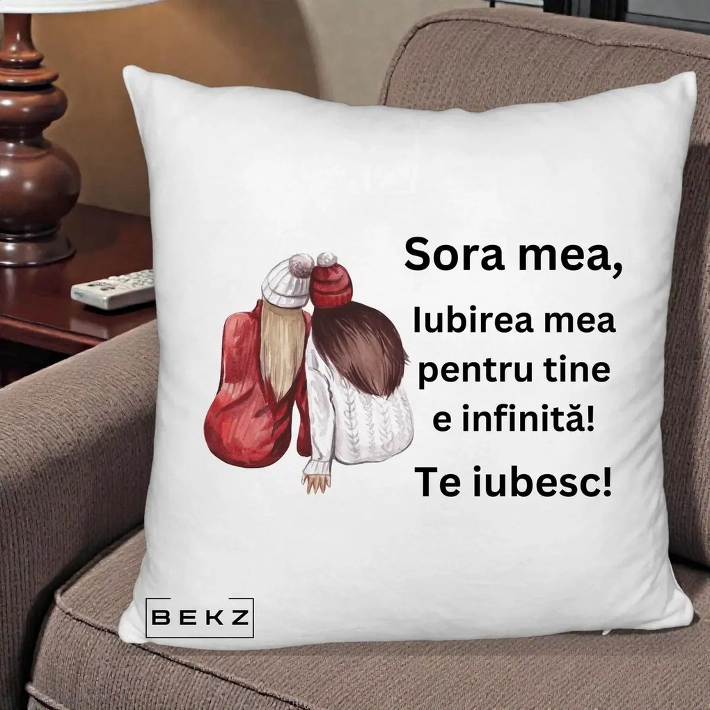 Cadou pentru Sora - Perna Personalizata Sora Mea Te Iubesc Doua Fete Iarna Acuarela, 40x40 cm, Alb Pufos, Husa Detasabila, Perna Inclusa, BEKZ®