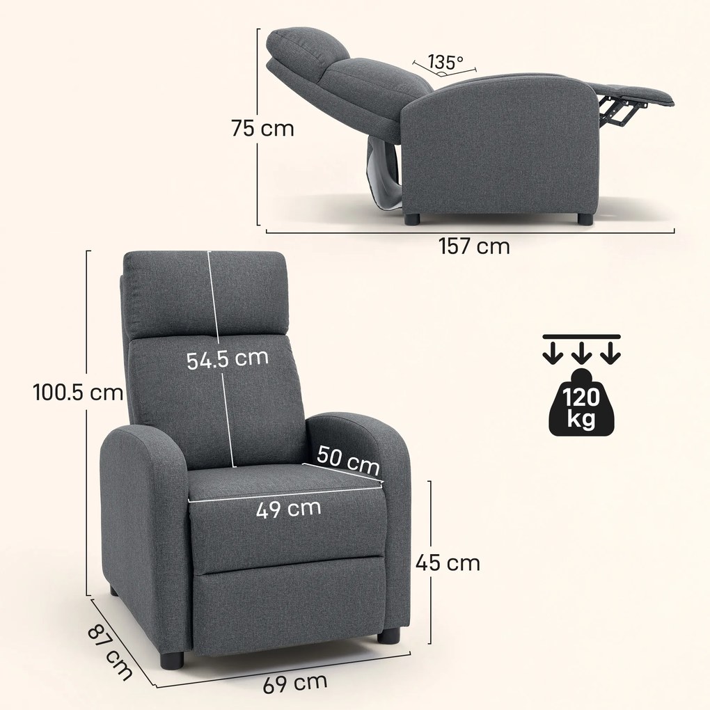 HOMCOM Fotoliu Relax și Reclinabil la 135° cu Suport de Picioare în Material Textil, 69x87x100.5 cm, Gri | Aosom Romania