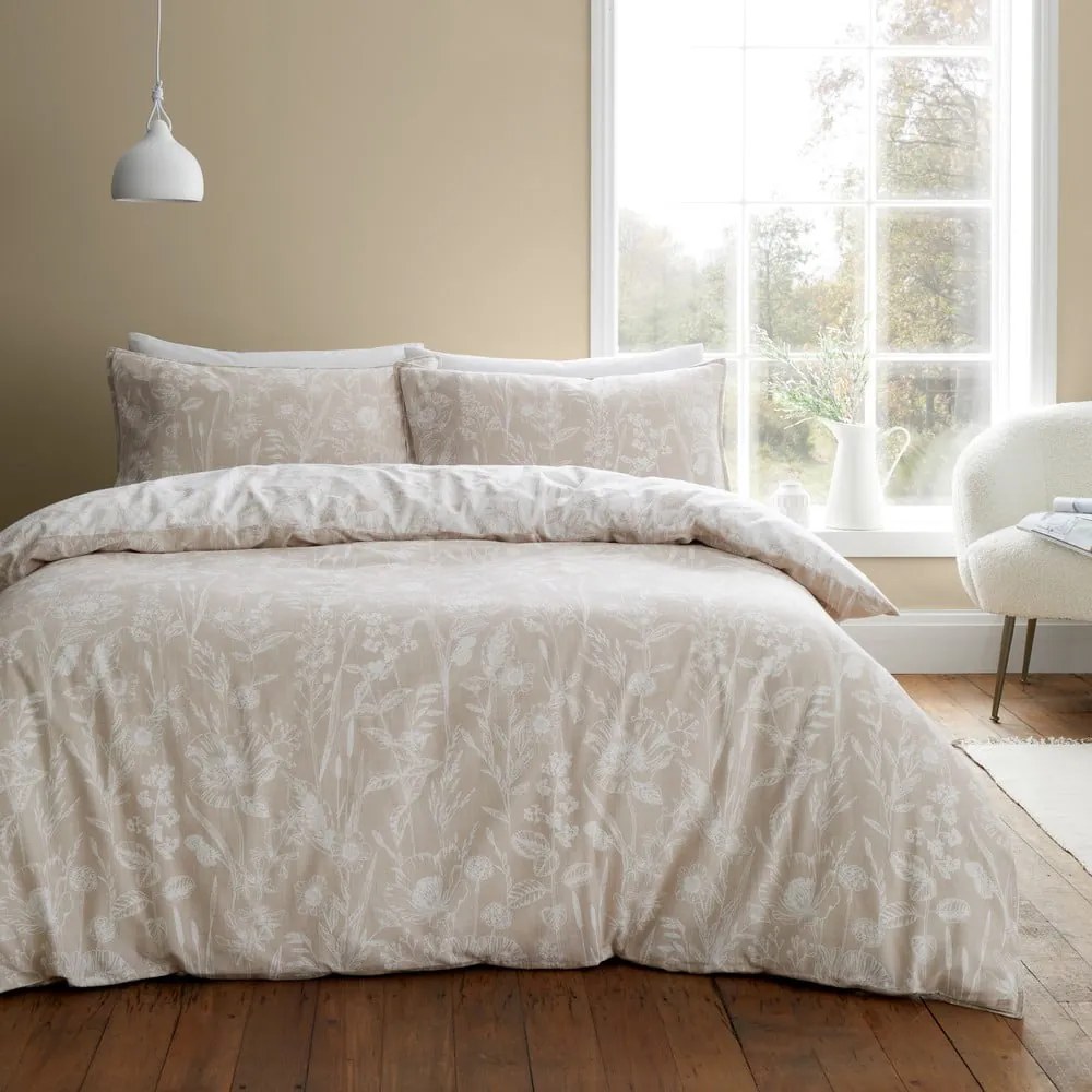 Lenjerie de pat bej din flanelă pentru pat dublu/extinsă 230x220 cm Floral Toile – Bianca