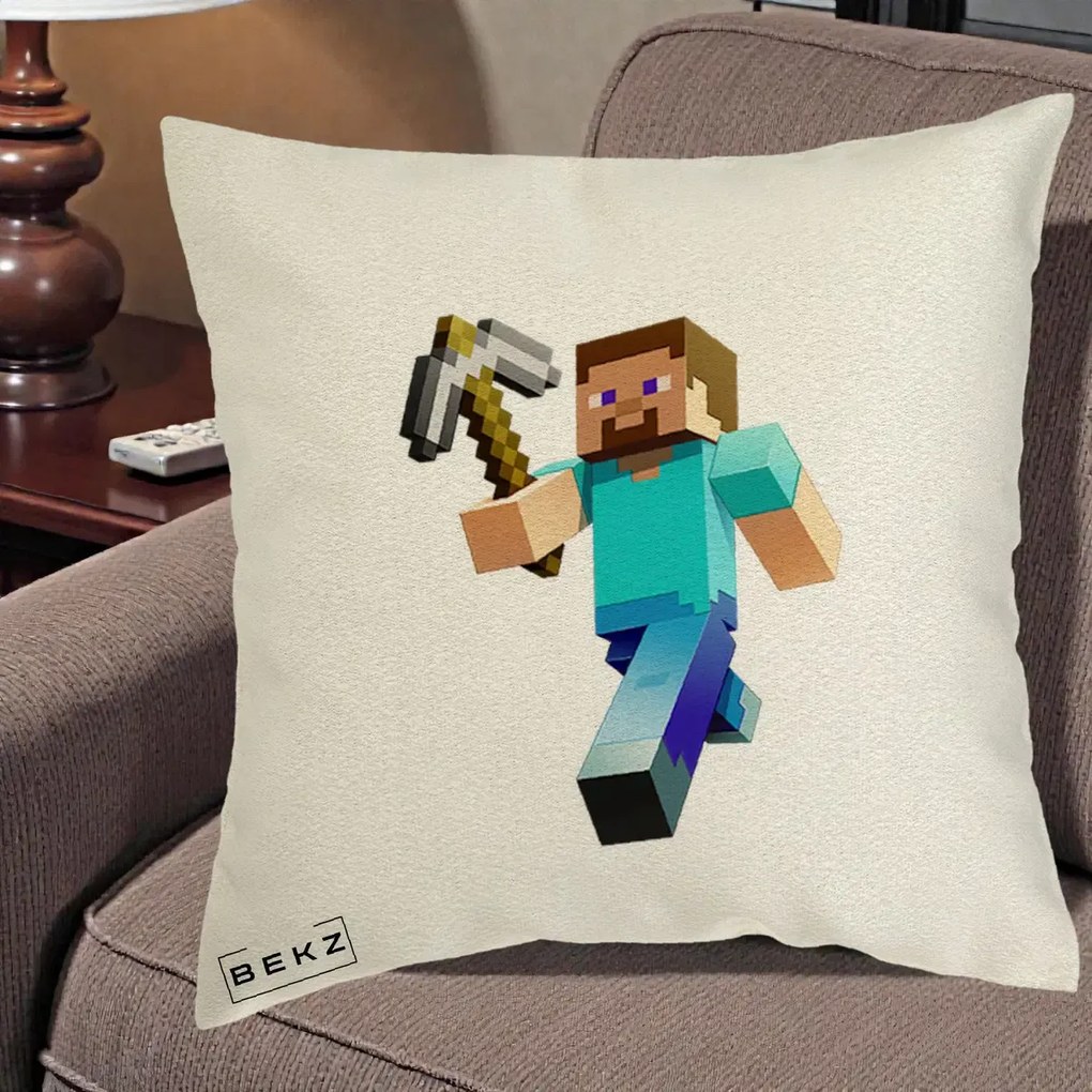 Perna Personalizata Minecraft Steve cu Tarnacop, 40x40 cm, Ecru, Husa Detasabila, Perna Inclusa, BEKZ®