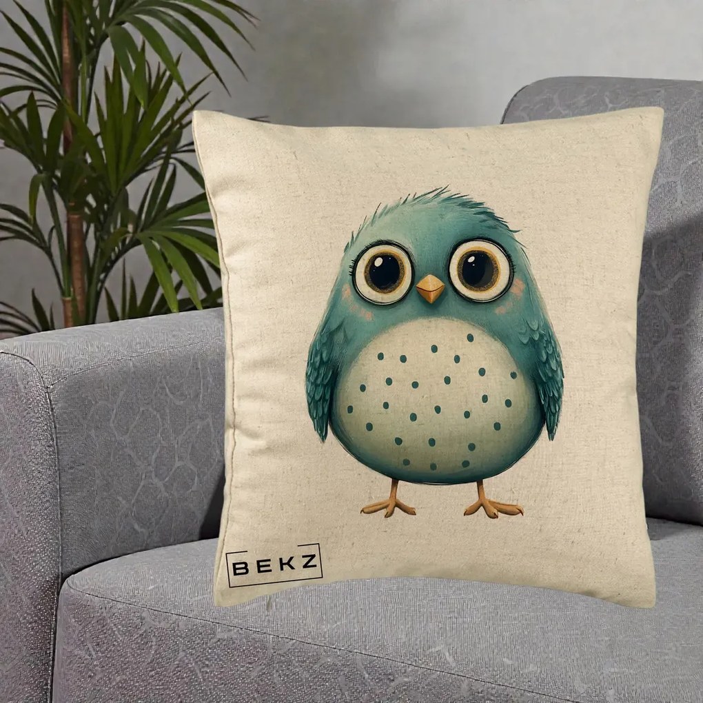 Perna Decorativa Pasare Teal cu Buline Teal, 40x40 cm, Bej, Husa Detasabila, Perna Inclusa, BEKZ®