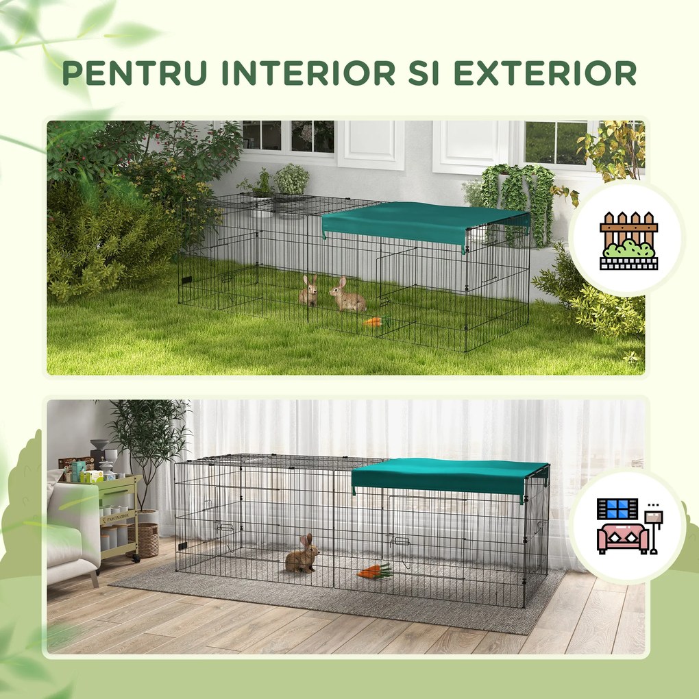 PawHut Tarc Exterior pentru Animale Mici, Spațiu pentru Pui, Iepuri, Chinchilla, cu Acoperiș, 220x85x70 cm, Verde | Aosom Romania