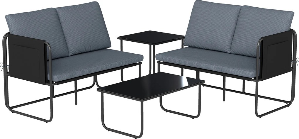 Outsunny Set Grădină Exterior 4 Piese cu 2 Canapele 2 Locuri 2 Mese cu Sticlă Perne Huse Detașabile și Buzunare Gri | Aosom Romania