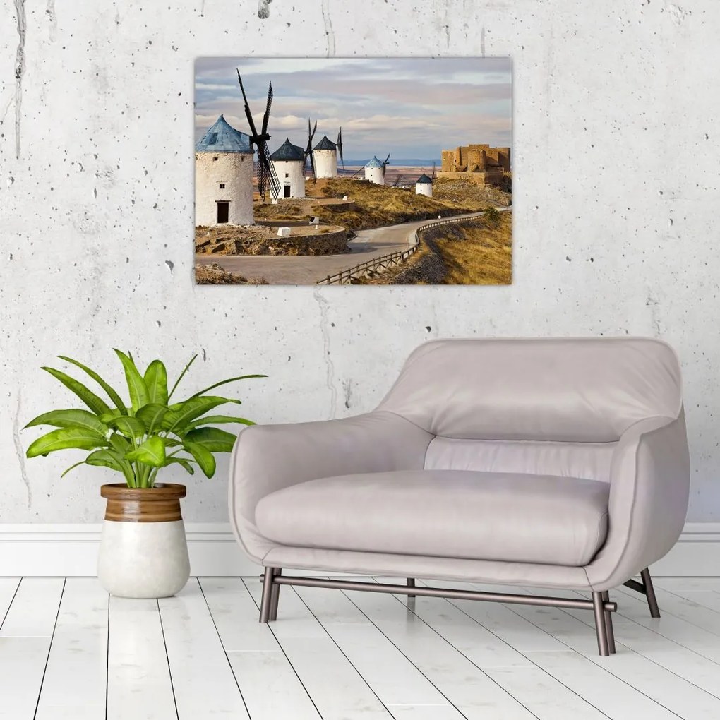 Tablou pe sticlă - Morile de vânt din Consuegra, Spania (70x50 cm)