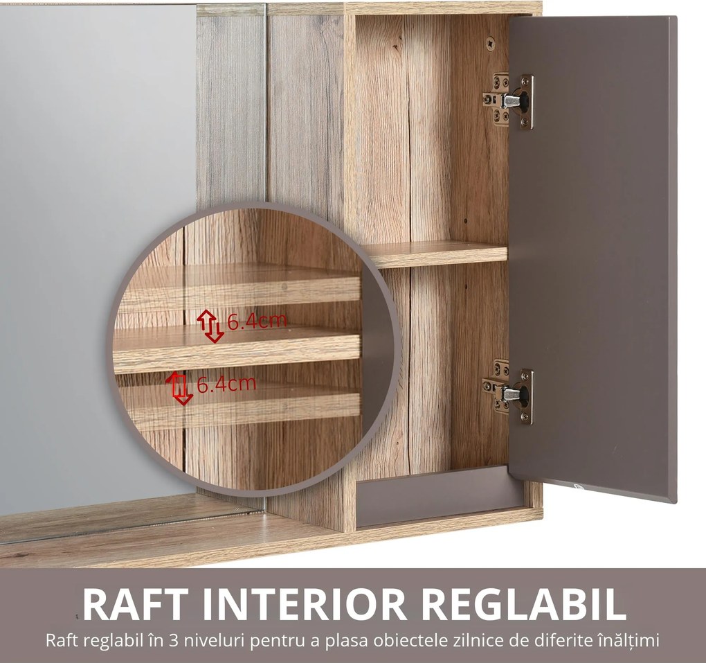 HOMCOM Dulapior Suspendat Baie cu Oglindă Raft Reglabil Design Modern Gri și Stejar | Aosom Romania