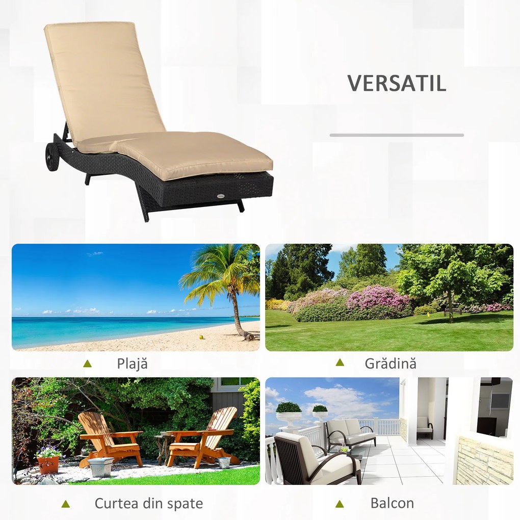 Outsunny Șezlong de Grădină din Ratan PE Negru cu Spătar Reglabil și Pernă Captușită pentru Relaxare Optimală 207x70x70cm | Aosom Romania