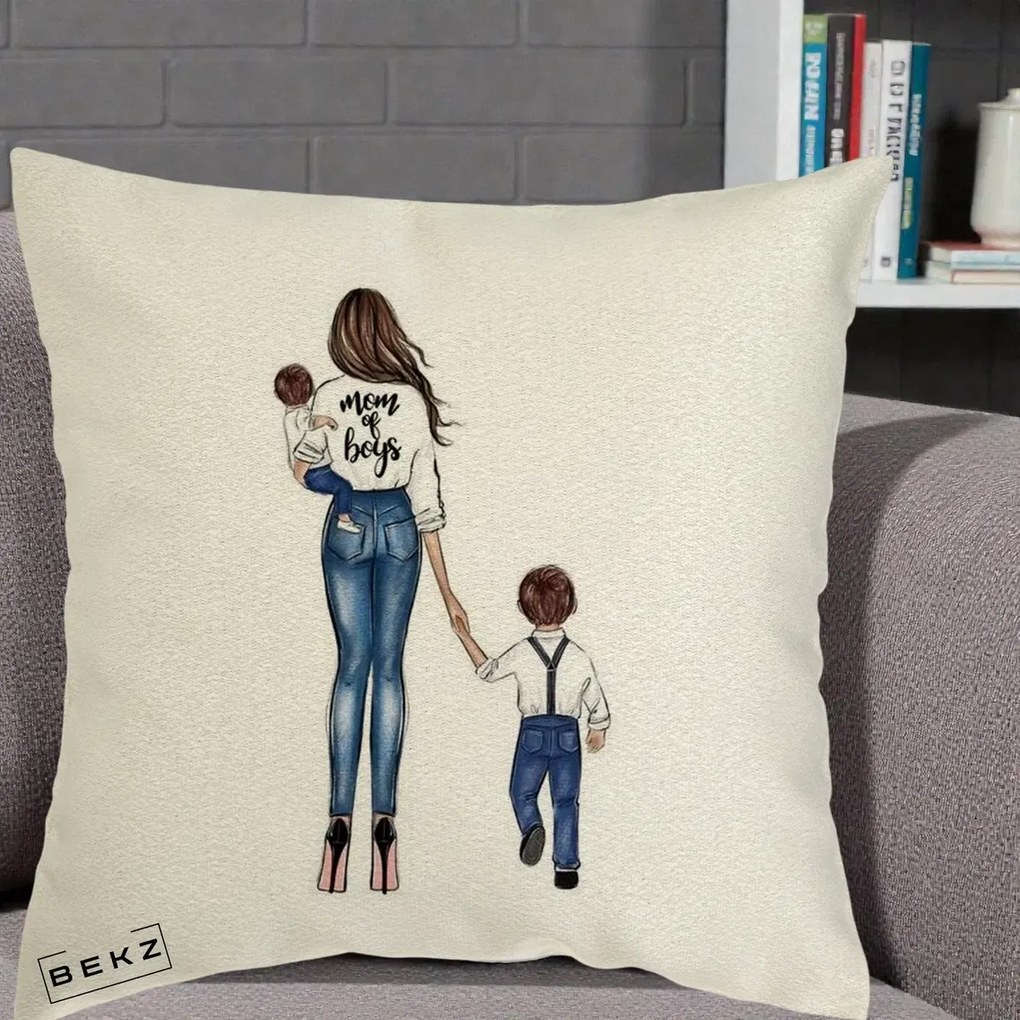 Cadou pentru Mama - Perna Personalizata Mom of Boys Mama cu Baietii, 40x40 cm, Ecru, Husa Detasabila, Perna Inclusa, BEKZ®