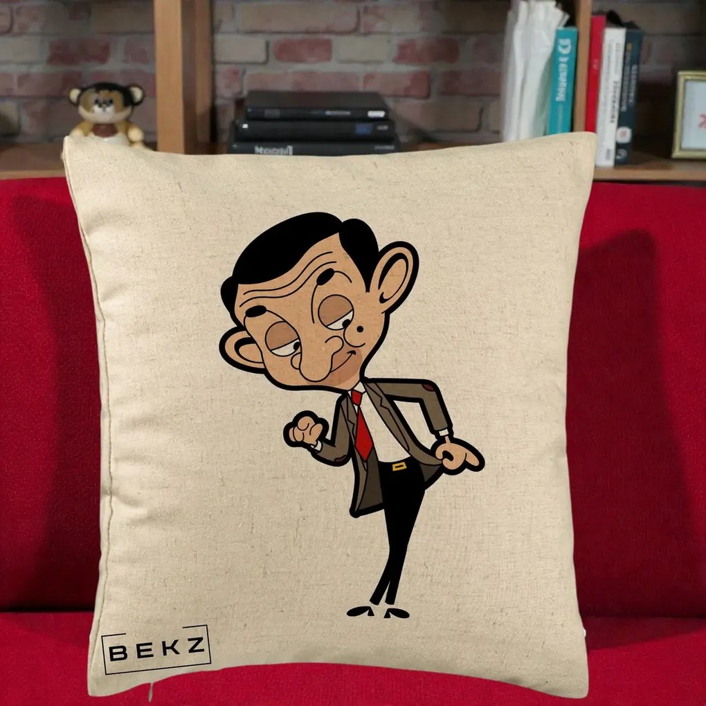 Perna Personalizata Mr. Bean Caricatura, 40x40 cm, Bej, Husa Detasabila, Perna Inclusa, BEKZ®
