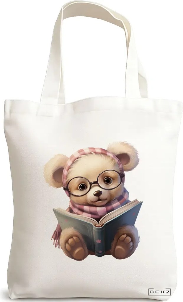 Sacosa de Panza pentru Cumparaturi, Geanta Tote, model Reading puppy 28 38 x 34.5 cm, Alba, BEKZ®