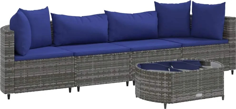 vidaXL Set canapea de grădină cu perne, 5 piese, gri, poliratan