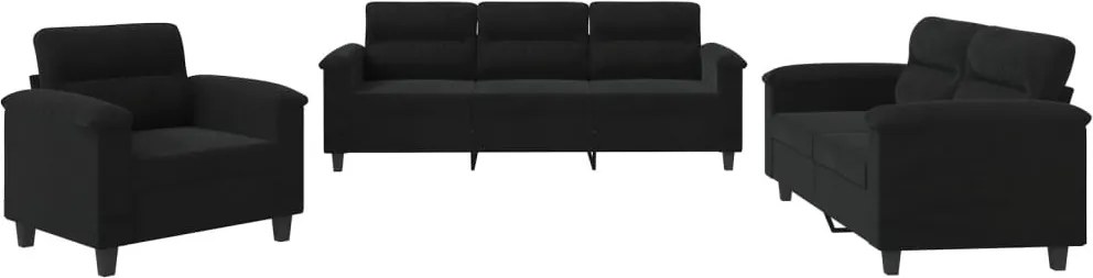 vidaXL Set de canapele cu perne, 3 piese, negru, microfibră