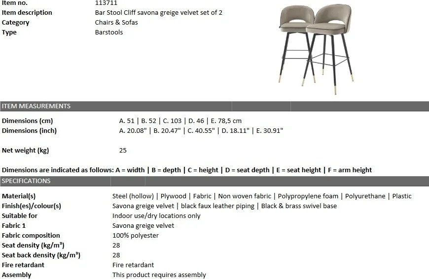 Set de 2 scaune de bar design modern Cliff, greige 113711 HZ