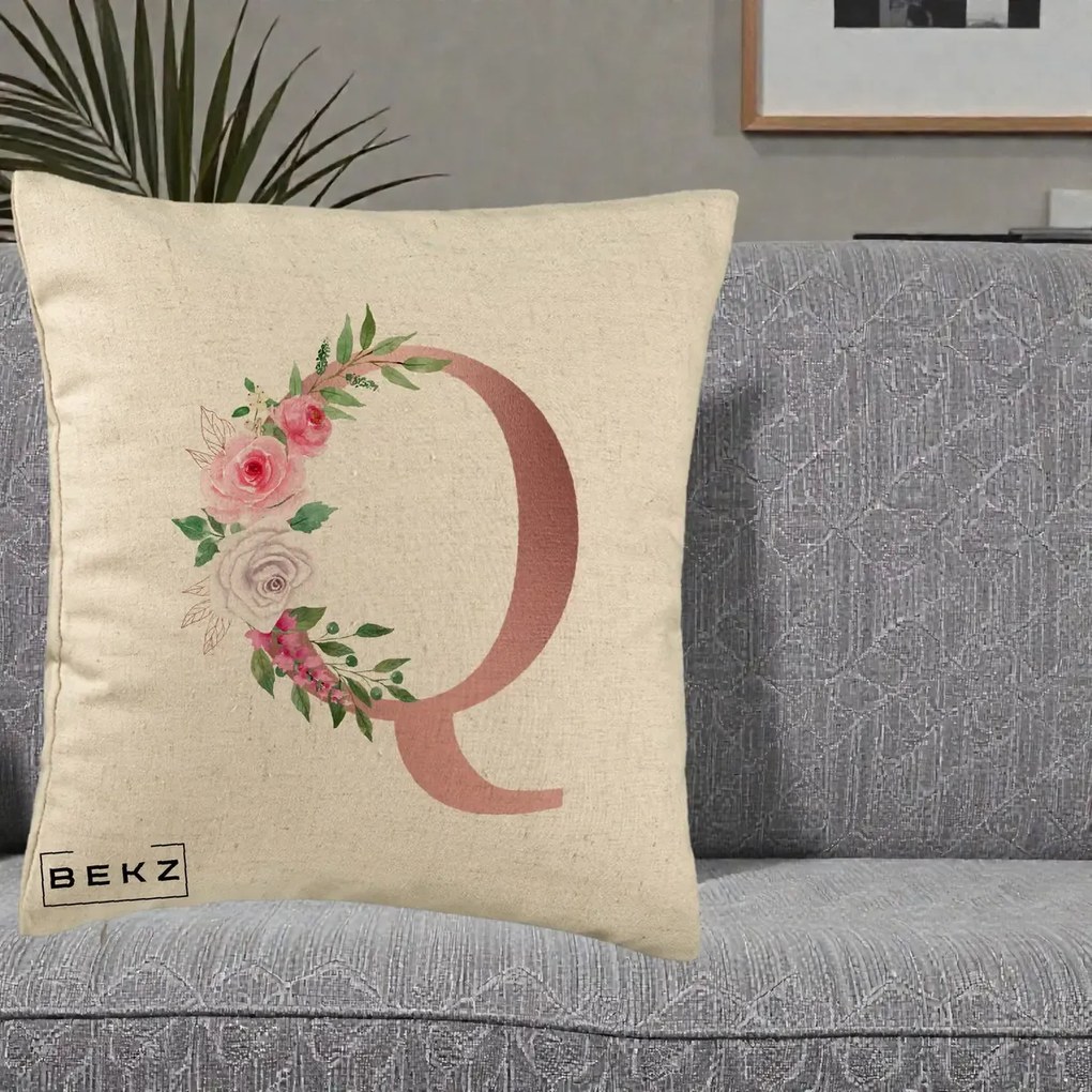 Cadou Personalizat - Perna Personalizata Monograma Rose Gold Litera Q, 40x40 cm, Bej, Husa Detasabila, Perna Inclusa, BEKZ®