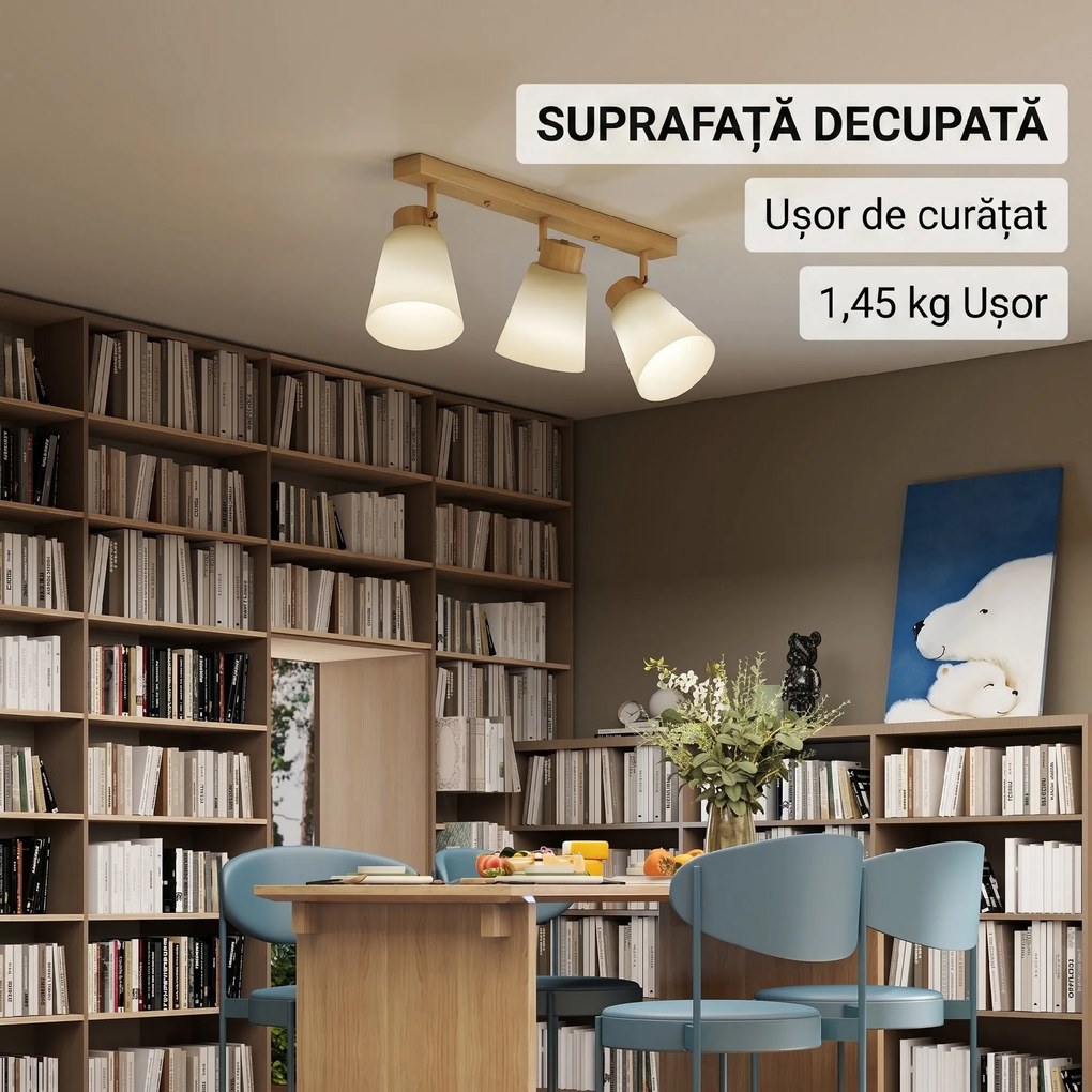 HOMCOM Candelabru de tavan cu 3 puncte de lumină reglabile la 90° și socluri E27, culoare lemn | Aosom Romania