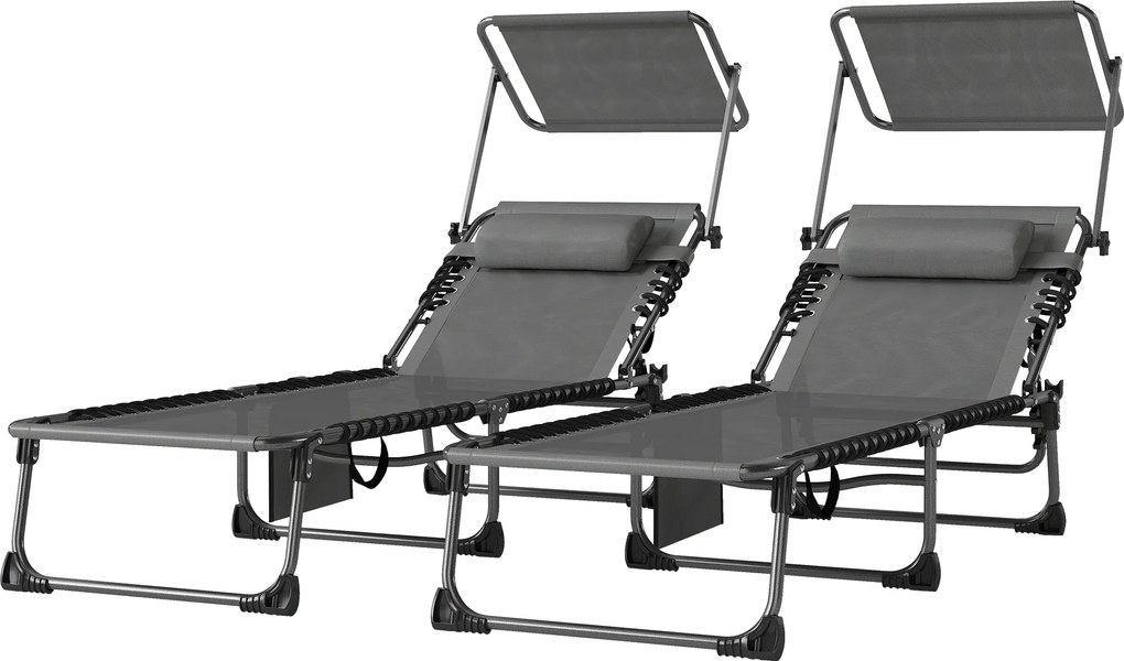 Outsunny Set de 2 șezlonguri pliabile cu pernă pentru cap, told, buzunar lateral și spătar reglabil în 5 poziții, gri | Aosom Romania