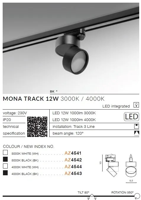 Spot LED directionabil pe sina Mona TRACK 3Line 12W 4000K alb