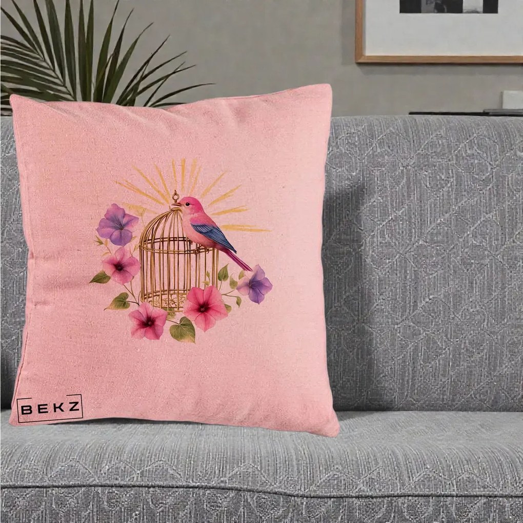 Perna Decorativa Pasare Roz pe Colivie Aurie cu Flori, 40x40 cm, Roz, Husa Detasabila, Perna Inclusa, BEKZ®