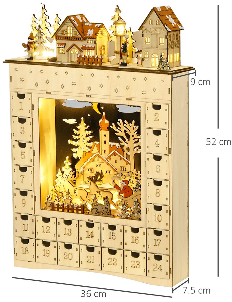 HOMCOM Calendar de Advent LED în formă de sat acoperit de zăpadă cu 24 de sertărașe decorațiune luminoasă de Crăciun bej | Aosom Romania