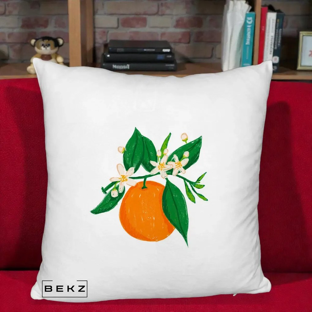 Perna Decorativa Portocala in Floare, 40x40 cm, Alb Pufos, Husa Detasabila, Perna Inclusa, BEKZ®