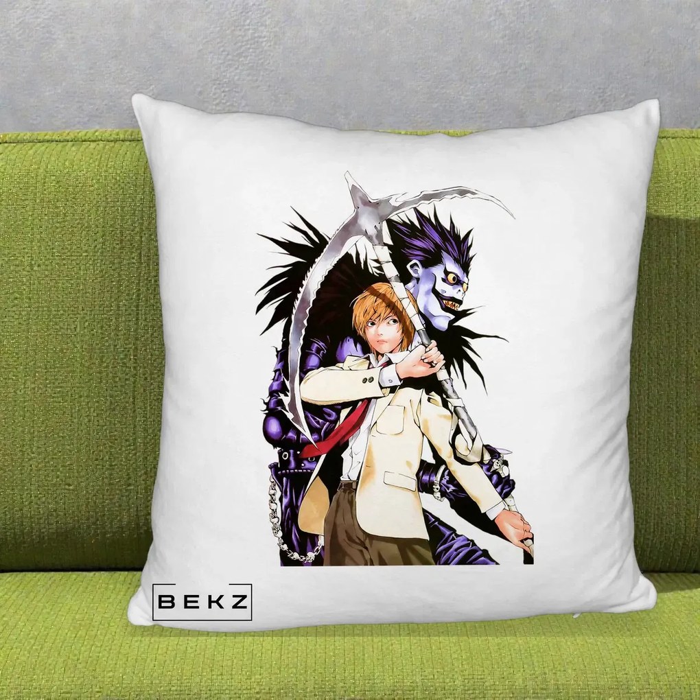 Perna Personalizata Death Note Light si Ryuk Duo, 40x40 cm, Alb Pufos, Husa Detasabila, Perna Inclusa, BEKZ®