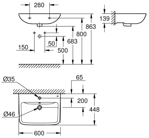 Lavoar START EDGE 600 × 448 mm, ceramică, alb - GROHE 39950000