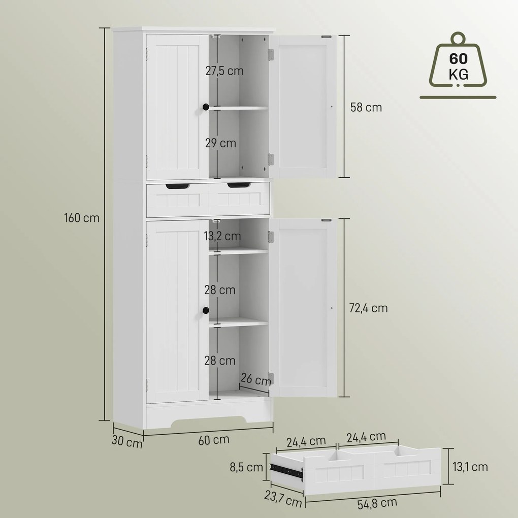 HOMCOM Mobilier de baie cu sertar, dulap cu uși, raft reglabil, 60 x 30 x 160 cm, alb | Aosom Romania