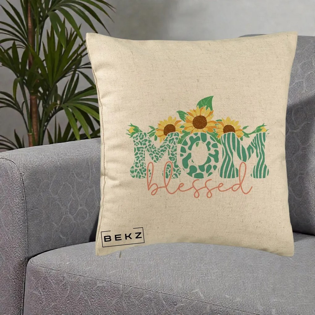 Cadou pentru Mama - Perna Personalizata Mom Blessed cu Floarea Soarelui Animal Print Teal, 40x40 cm, Bej, Husa Detasabila, Perna Inclusa, BEKZ®