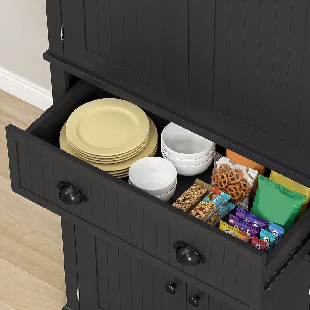 HOMCOM Bufet înalt bucătărie, dulap de bucătărie cu 4 uși, sertar și polițe reglabile, 76,2 x 40,2 x 183 cm, negru | Aosom Romania