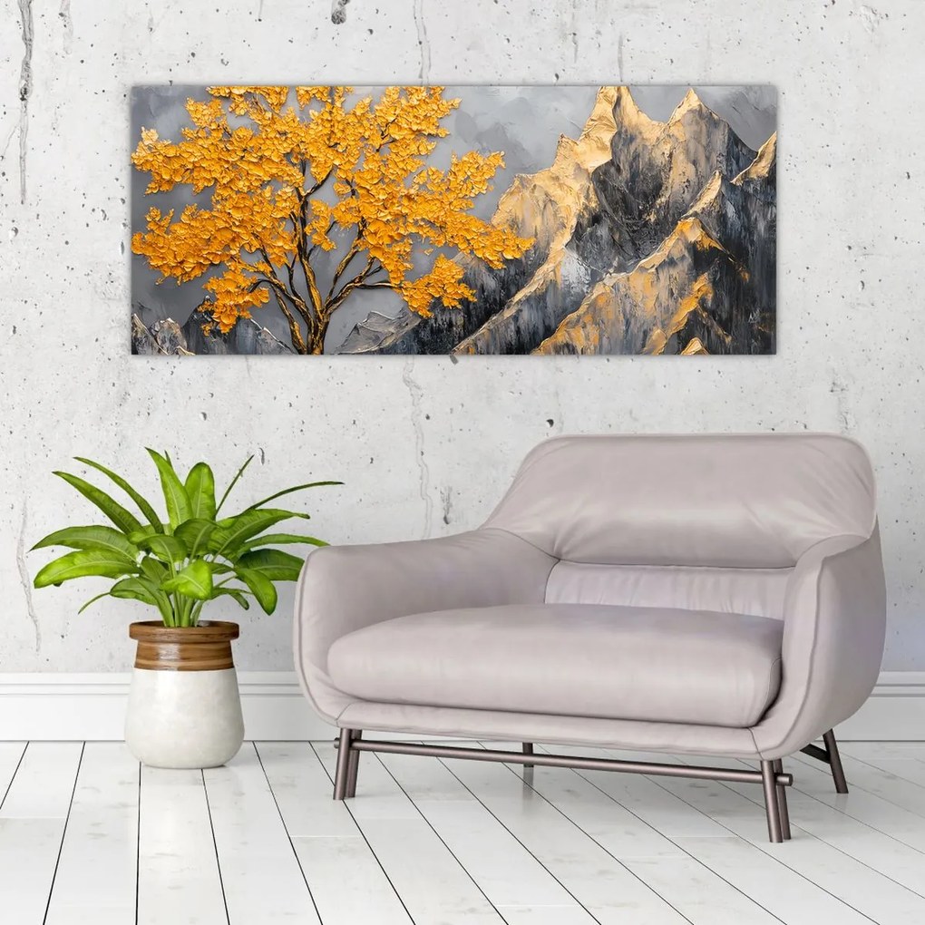 Tablou – Arbore auriu în munți (120x50 cm)
