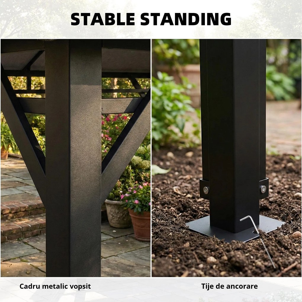 Outsunny Foișor de Grădină 4x3 m cu Perdele Laterale Rulante, Foișor Exterior cu 8 Orificii de Drenaj, Acoperiș Dublu și Structură Metalică, pentru Grădină, Balcon, Petreceri, Curte, Terasă, Gri Închis | Aosom Romania