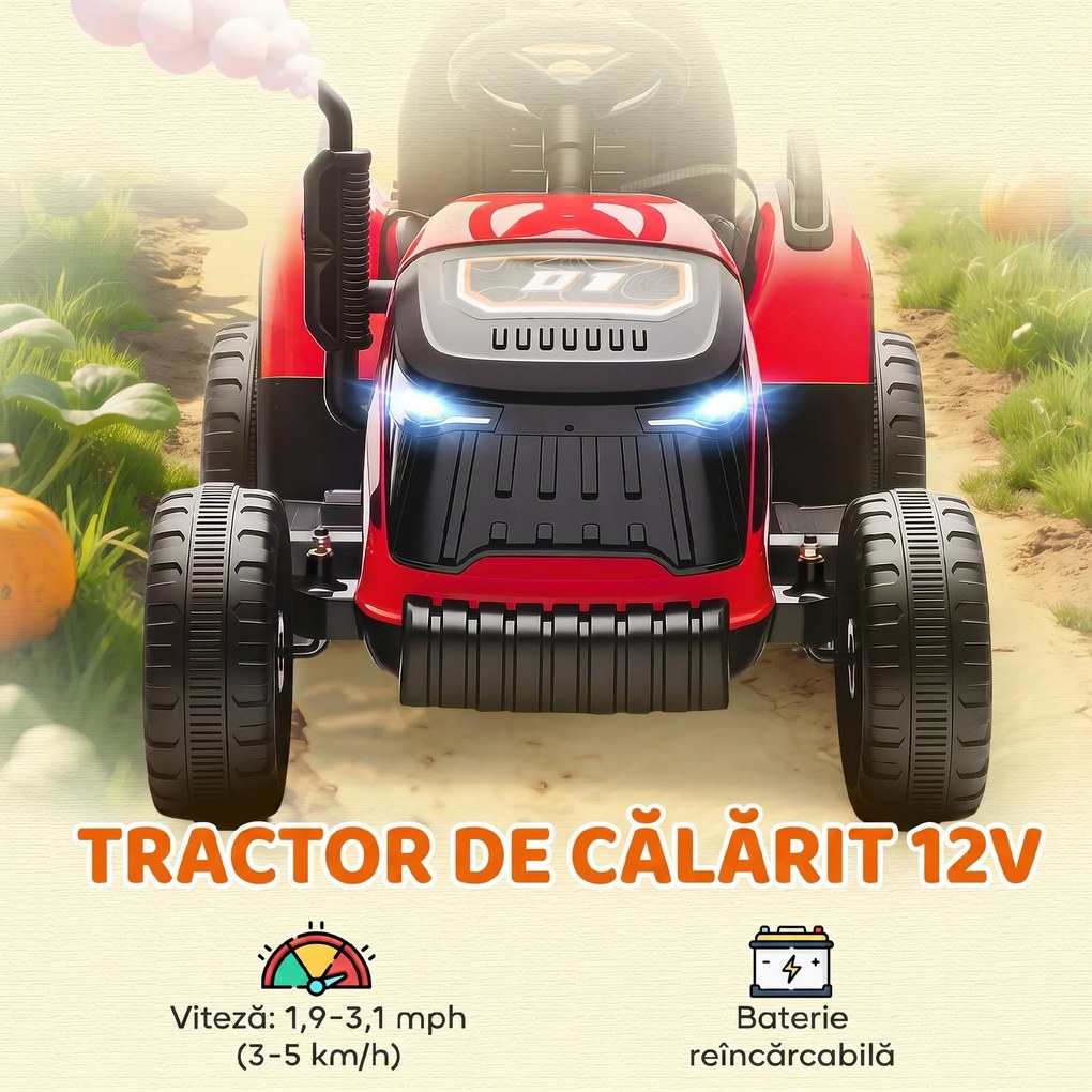 AIYAPLAY 2 în 1 Tractor Electric pentru Copii 3-8 Ani cu Remorcă Detașabilă, Telecomandă, Muzică, Lumini, Roșu | Aosom Romania