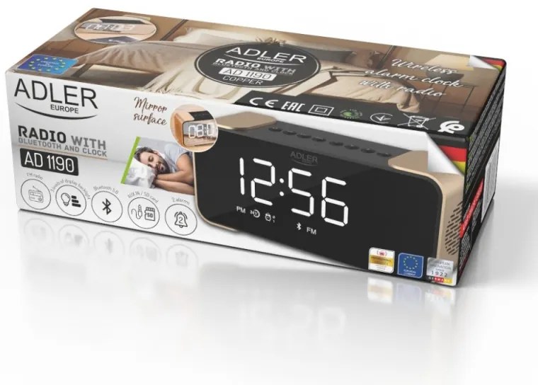 Radio cu ceas Adler AD 1190 Copper, Bluetooth, AUX, USB, SD card, LCD display, 2600 mAh, Cupru/Negru