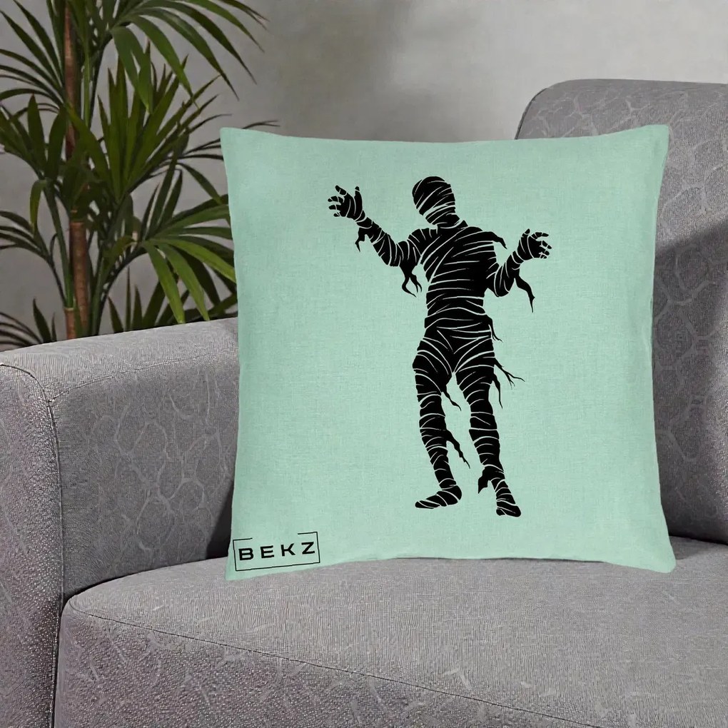 Perna Decorativa Mormii Infricosat Silueta Neagra Halloween, 40x40 cm, Verde Menta, Husa Detasabila, Perna Inclusa, BEKZ®