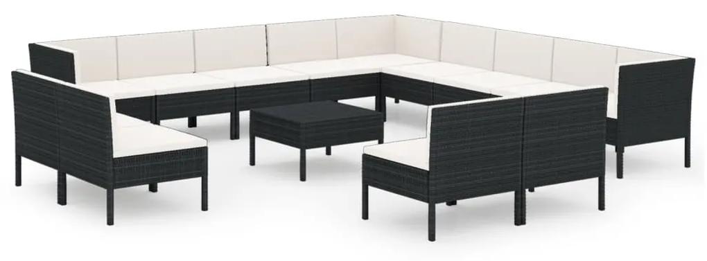 Set mobilier de gradina cu perne, 14 piese, negru, poliratan 3x colt + 10x mijloc + masa, 1
