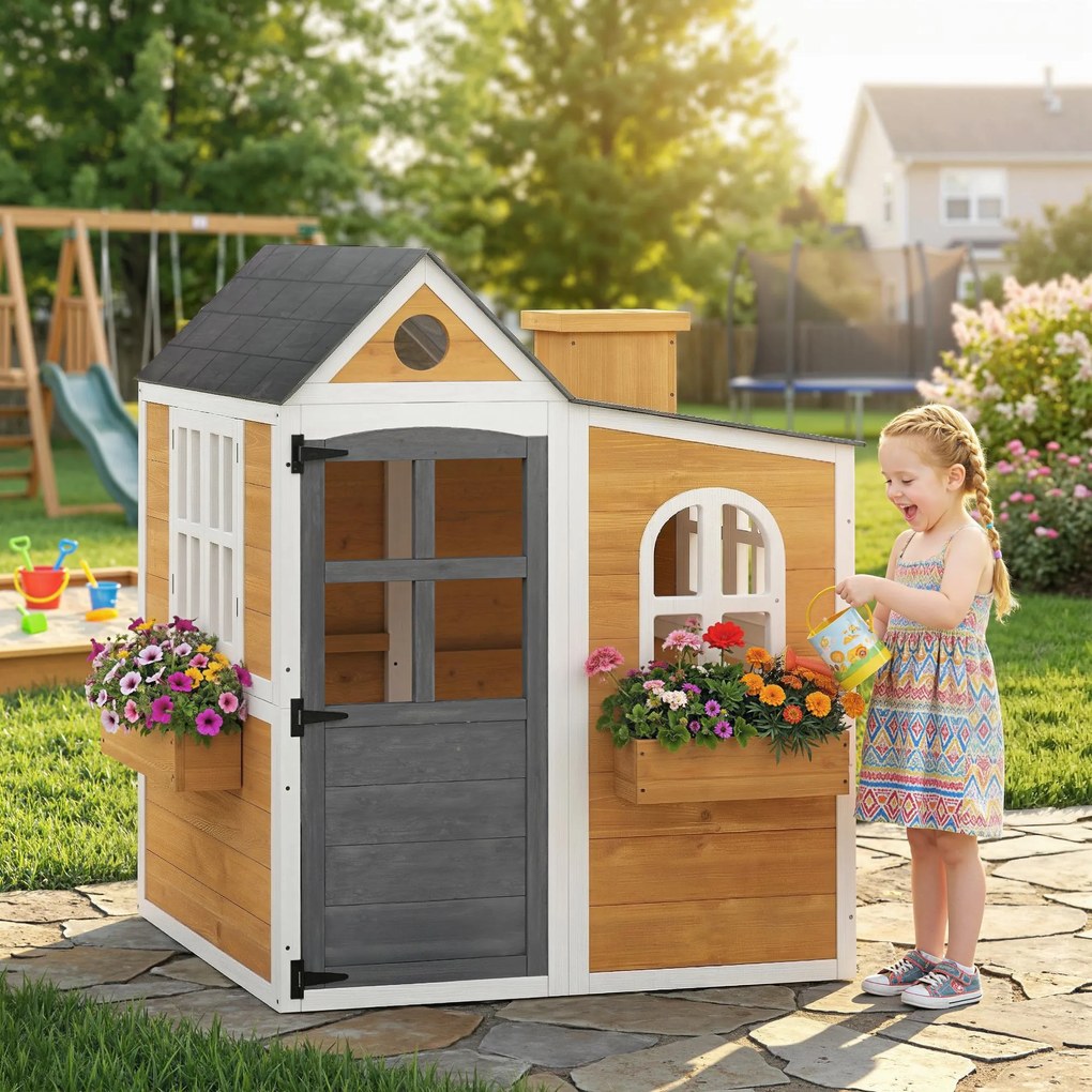 AIYAPLAY Căsuță exterioară pentru copii din lemn, casă pentru copii exterior/interior cu ușă, ferestre, 3 jardiniere, galben | Aosom Romania